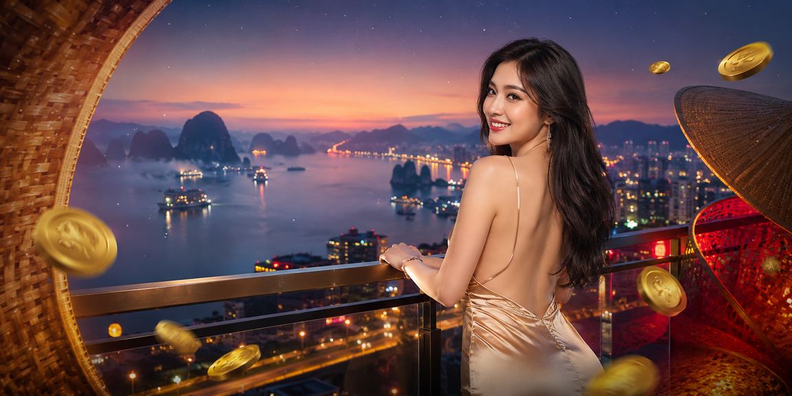 Người chơi casino trực tuyến tại vịnh Hạ Long với nón lá, trải nghiệm di động an toàn